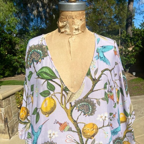 Nicoblu Flora Kaftan Lavender Hummingbird Print Plus Size Beach Swim Cover Up - Picture 4 of 11